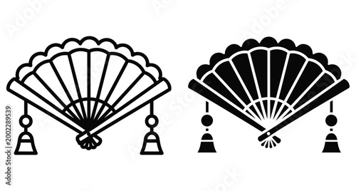 Traditional Japanese folding hand fan icons with tassels in outline and solid black silhouette styles for cultural design projects
