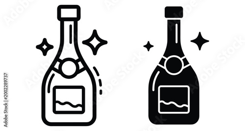 Champagne bottle icon set with sparkling wine and stars for celebration party event toast alcohol drink beverage outline silhouette graphic