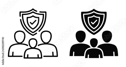 Family insurance icon set featuring parents and child protected by a shield with checkmark symbol for safety and security coverage