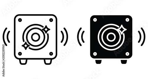 Subwoofer speaker icon set with sound waves and sparkles representing high quality audio equipment for music production and home theater