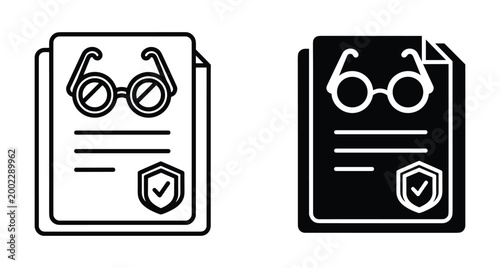 Vision insurance policy document icon set with eyeglasses and security shield symbol for eye care health protection and medical coverage