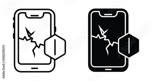 Broken smartphone screen repair service icon set with shield protection symbol for mobile phone insurance and glass damage maintenance support