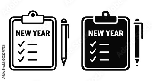 New year resolution checklist clipboard icon set with pen for planning goals and tracking progress in outline and solid styles