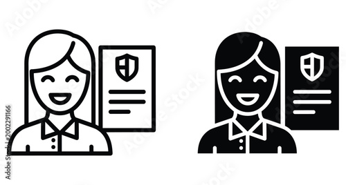 Female insurance agent icon set with smiling woman professional and policy document featuring shield symbol for security protection and safety