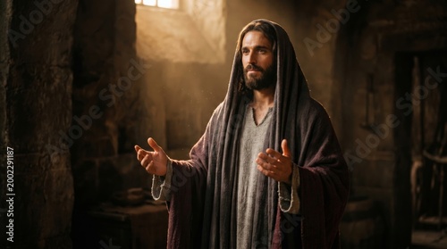 Jesus blessing with open hand in dark stone room. Biblical man wearing robe in ancient historical setting. Spiritual religious figure representation for christianity faith and worship.