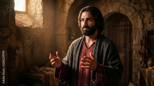 Jesus speaking in a dark stone room with hands raised. Biblical man wearing traditional tunic teaching inside a historic setting. Cinematic religious scene for church ministry project.
