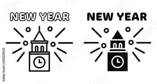 New Year celebration clock tower icon set featuring midnight countdown with fireworks sparkles in outline and solid black vector style