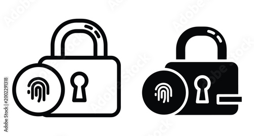Padlock icon set with fingerprint scanner biometric security system for digital protection privacy safety authentication access control and data encryption