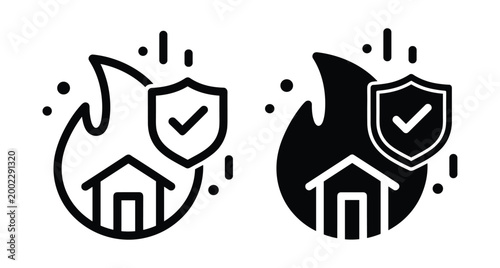 Fire insurance icon set showing house protection from flames with shield and checkmark symbol for safety and property security coverage