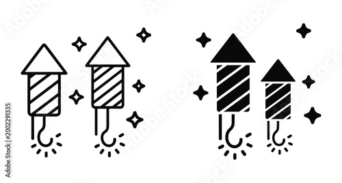 Firework rocket icons in outline and solid styles with stars and lit fuses for celebration events party and holiday festivals