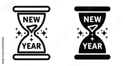 Hourglass icon set with new year text and sparkling stars representing time passing countdown celebration for holiday event party design