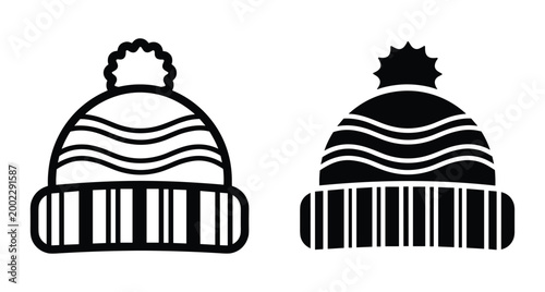Winter beanie hat icon set with pompom and wavy pattern for cold weather clothing design and seasonal fashion accessory illustration