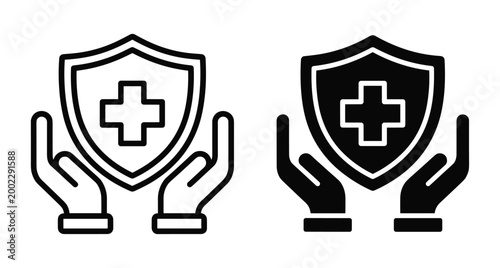 Medical insurance icon set showing hands holding a shield with a cross for healthcare protection safety and medical security services