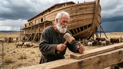 Noah building ark with wooden hammer. Biblical figure working on ship construction. Religious story from Old Testament. Spiritual faith and ancient craft scene in historical setting.