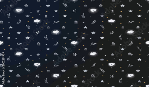 Celestial night sky seamless pattern, white stars and moon icons on black background, mystical astronomical vector wallpaper for fabric print