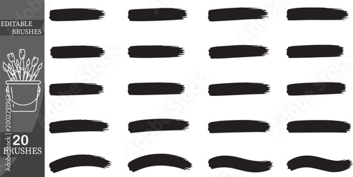 20 thick black brush strokes, straight ink banners and gently curved paint swatches for backgrounds.
