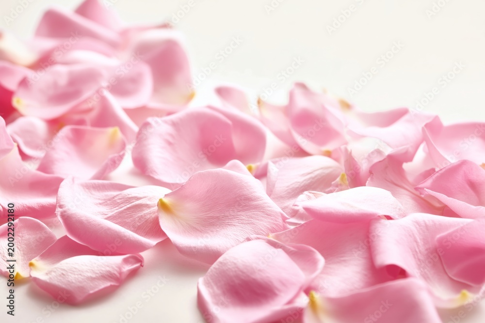 Obraz premium Fresh Pink Rose Petals Scattered on a Smooth Surface in a Warm Light Setting