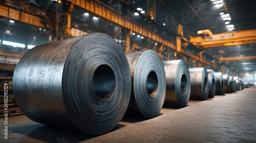 Industrial steel coils in a factory setting