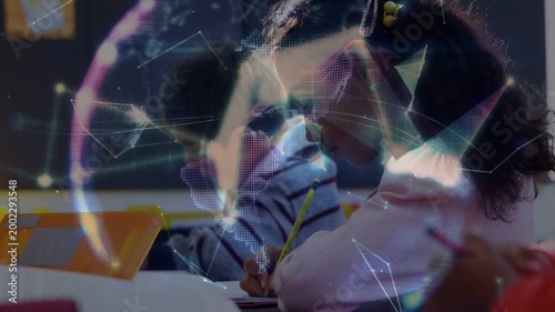 Main student writing in education while overlay appearing over desks net lines growing into globe