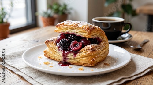 Flaky Puff Pastry with Mixed Berry Filling and Powdered Sugar, Delicious Dessert with Coffee on Rustic Table