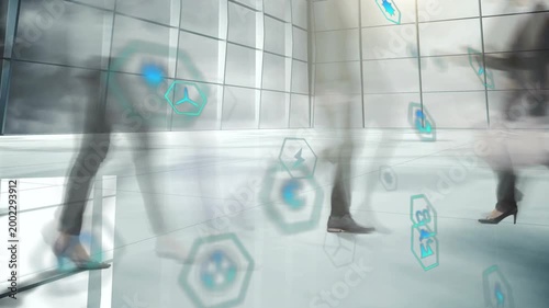 Commuters entering frame causing hex icons floating over tiled floor visualizing business flow