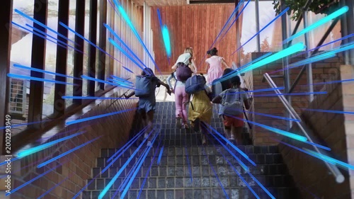 Education five students climbing stairs, leader starting ascent, radial streaks guiding toward exit