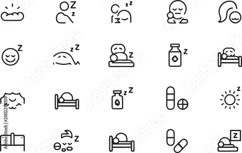 A collection of black and white icons depicting various aspects of sleep and rest including people sleeping and medication to aid sleep