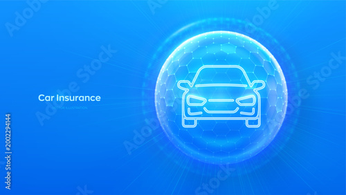 Car insurance concept. Insurance policy. Vehicle insurance services, safety, coverage. Protected car icon inside transparent sphere shield with hexagon pattern on blue background. Vector illustration.