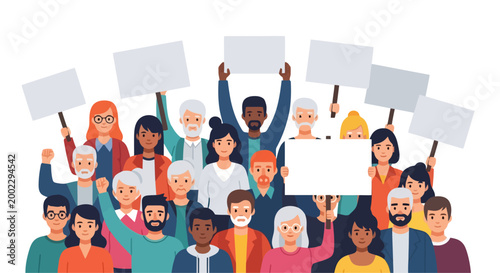 Diverse group of people holding protest signs.