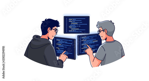 Two programmers collaborating on coding project.