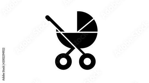 A simple black silhouette icon of a classic baby stroller, representing infancy, parenting, and child care.