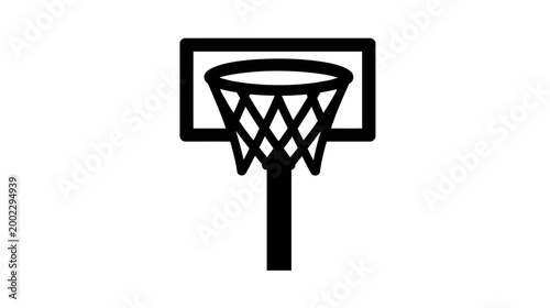 A simple black silhouette icon of a classic basketball hoop with a net and backboard on a white background.