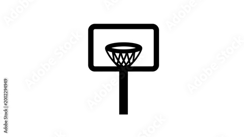 A solid black silhouette icon of a basketball hoop with a backboard and net, representing sports and recreation.