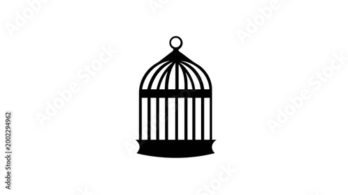 A classic black silhouette icon of an ornate bird cage with a domed top and curved decorative base.