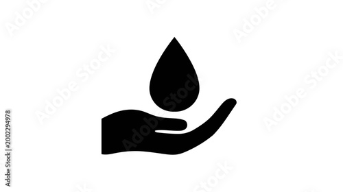 A compassionate black silhouette icon of an open hand gently cradling a large water droplet.