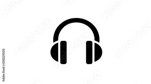 A classic black silhouette of over-ear headphones stands out against a plain white background.