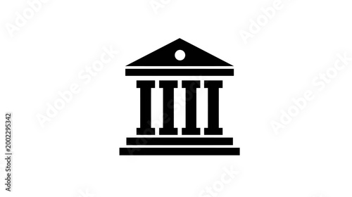 A classical black silhouette of a building with columns and a pediment, representing institutions like banks or courthouses.