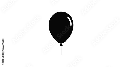 A simple and clean black silhouette icon of an oval-shaped balloon attached to a straight, slender stick or string.