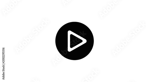 A bold black circle with a white triangle representing a universal play button icon for media playback.