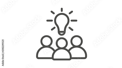 An outline icon showing a group of three people with a bright light bulb above their heads, symbolizing a collective idea.