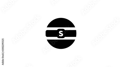 A black circular icon with a white horizontal bar containing the uppercase letter "S" in white.