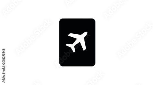 A black icon of a passport featuring an airplane symbol, representing international travel and global journeys.