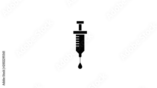 A black icon of a syringe with a single drop falling, symbolizing medicine, health, and vaccination.