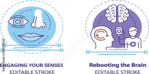 Mental health infographic vector with engaging your senses and rebooting the brain icons for psychology and wellness education designs.