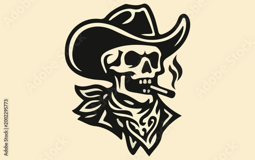 skull cowboy hat bandana smoking cigarette bold black vector tattoo art illustration for tshirt and sticker design