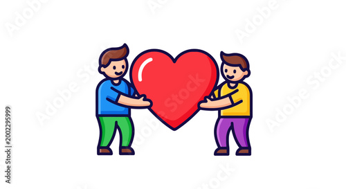 Two cartoon people holding a heart.