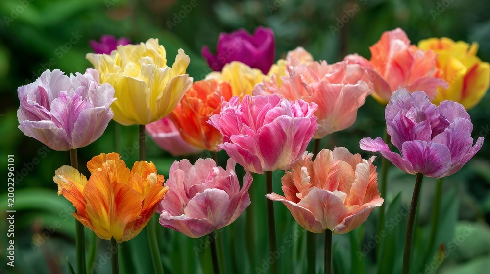 Fototapeta premium A colorful mix of hybrid Triumph tulips in bloom, showcasing vibrant spring flowers.
