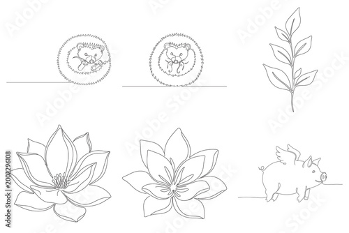Minimalist continuous line art collection featuring hedgehogs and tropical flora elements for elegant graphic design wall decor.