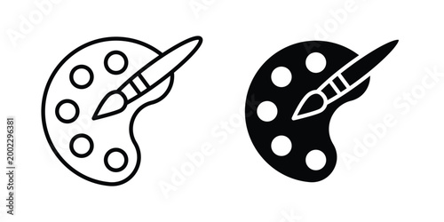 Brush and Palette icon clipart and line art versions on white background