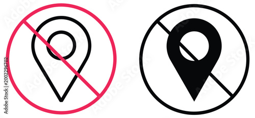 Location disabled icon pack, map pin and GPS off symbols, location restriction and tracking prevention graphics, navigation privacy elements